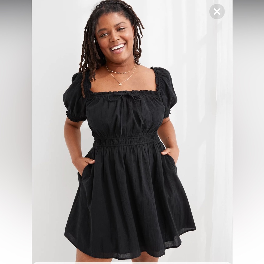 aerie Black Puff-Sleeve Square Neck Mini Dress